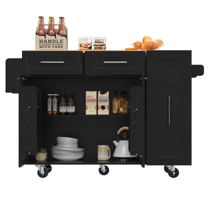 Modern Kitchen Island, Kitchen Cabinet, Buffet Cabinet, Dining Cart With Wood Grain, Dining Table With Storage Space, Dining Cart With Snack Shelves And Stretch Function Cabinets, Black