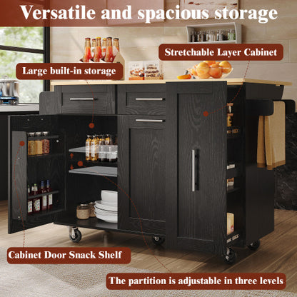 Modern Kitchen Island, Kitchen Cabinet, Buffet Cabinet, Dining Cart With Wood Grain, Dining Table With Storage Space, Dining Cart With Snack Shelves And Stretch Function Cabinets, Black