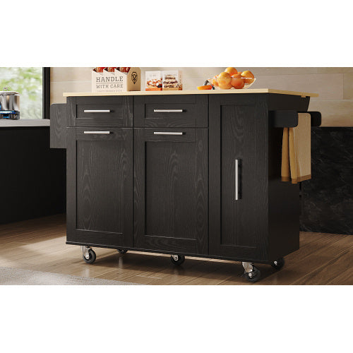 Modern Kitchen Island, Kitchen Cabinet, Buffet Cabinet, Dining Cart With Wood Grain, Dining Table With Storage Space, Dining Cart With Snack Shelves And Stretch Function Cabinets, Black