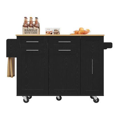 Modern Kitchen Island, Kitchen Cabinet, Buffet Cabinet, Dining Cart With Wood Grain, Dining Table With Storage Space, Dining Cart With Snack Shelves And Stretch Function Cabinets, Black