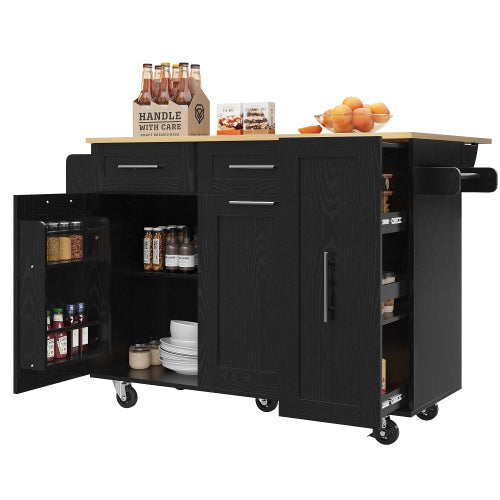 Modern Kitchen Island, Kitchen Cabinet, Buffet Cabinet, Dining Cart With Wood Grain, Dining Table With Storage Space, Dining Cart With Snack Shelves And Stretch Function Cabinets, Black